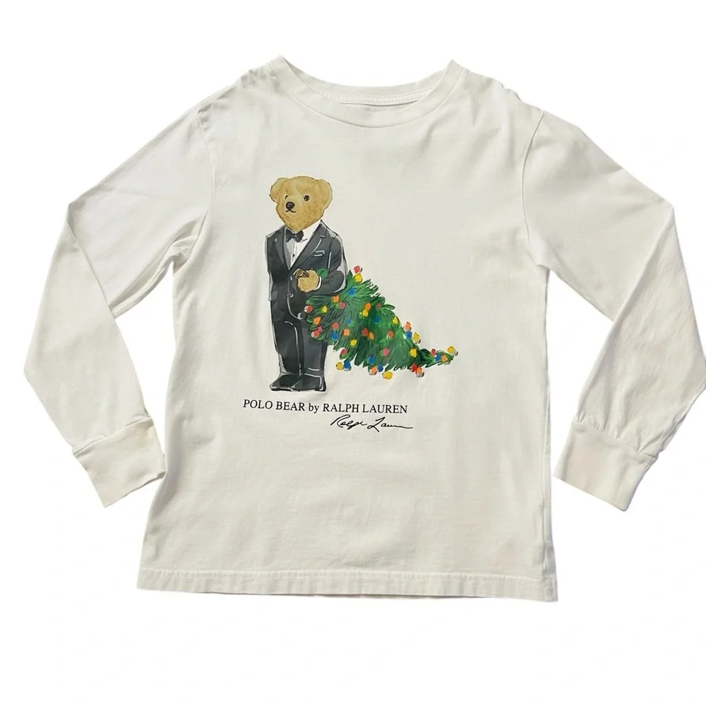 Ralph Lauren Kids White Long Sleeve Tee with Bear Graphic Size 8